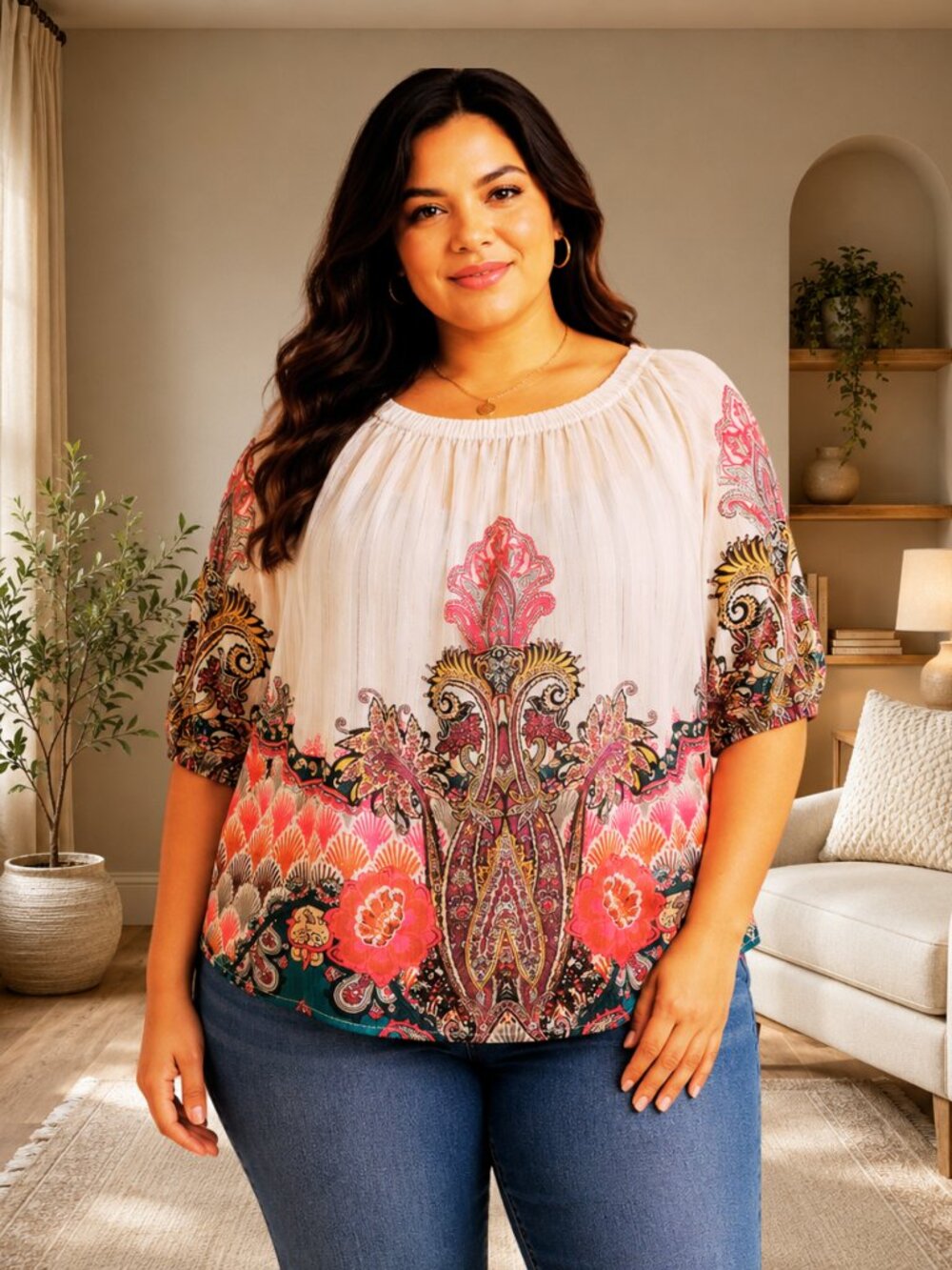 Cato 18/20W Ivory Paisley Floral Peasant Blouse Lined Boho Plus Size Top